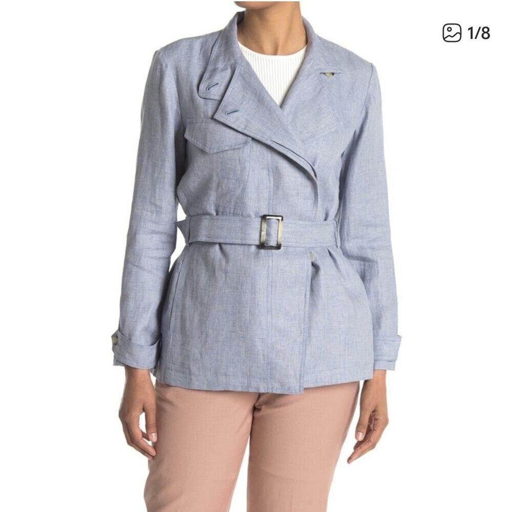 Reiss Arta Light Blue Chambray 100% Linen Draped Belted Jacket Womens 4